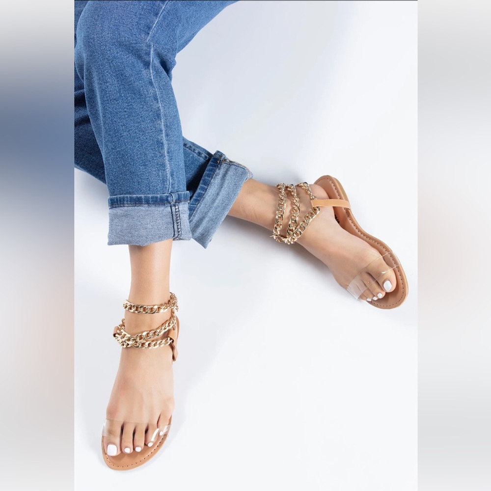 Nude Breaking The Link Flat Sandals with Gold Chain Ankle Straps. New Size 10